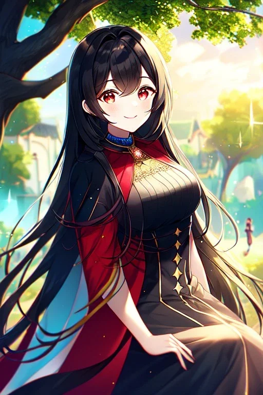 girl, masterpiece, best quality, cinematic lighting, detailed outfit, vibrant colors, perfect eyes, long hair, black hair, red eyes, outdoors, under tree, god rays, smile, sparkle,