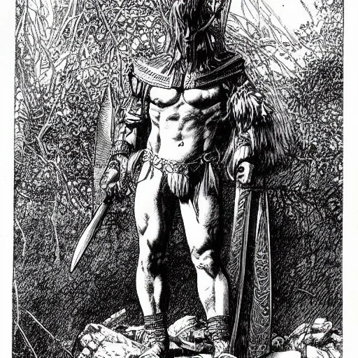 an ancient warrior by Barry Windsor-Smith, medium shot