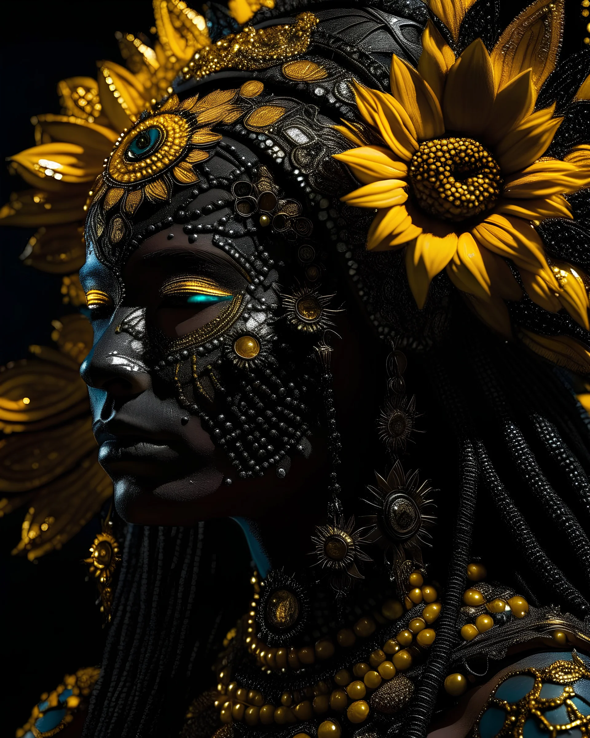 Beautiful vantablack voidcore shamanism woman portrai adorned with metallic filigree s flower and sunflower seed headdress ribbed with yellow quartz and opal wearing leather hal face sunflower séf ribbed masque and mineral stones ribbed voidcore shamanism costume armour organic bio spinal ribbed detail of sunflower ad sunflower seesd bokeh metallic filigree background extremely detailed hyperrealistic maximálist concept portrait art