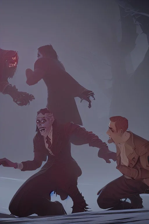 Frankenstein monster and the wolfman fighting each other as Dracula stands by and watches