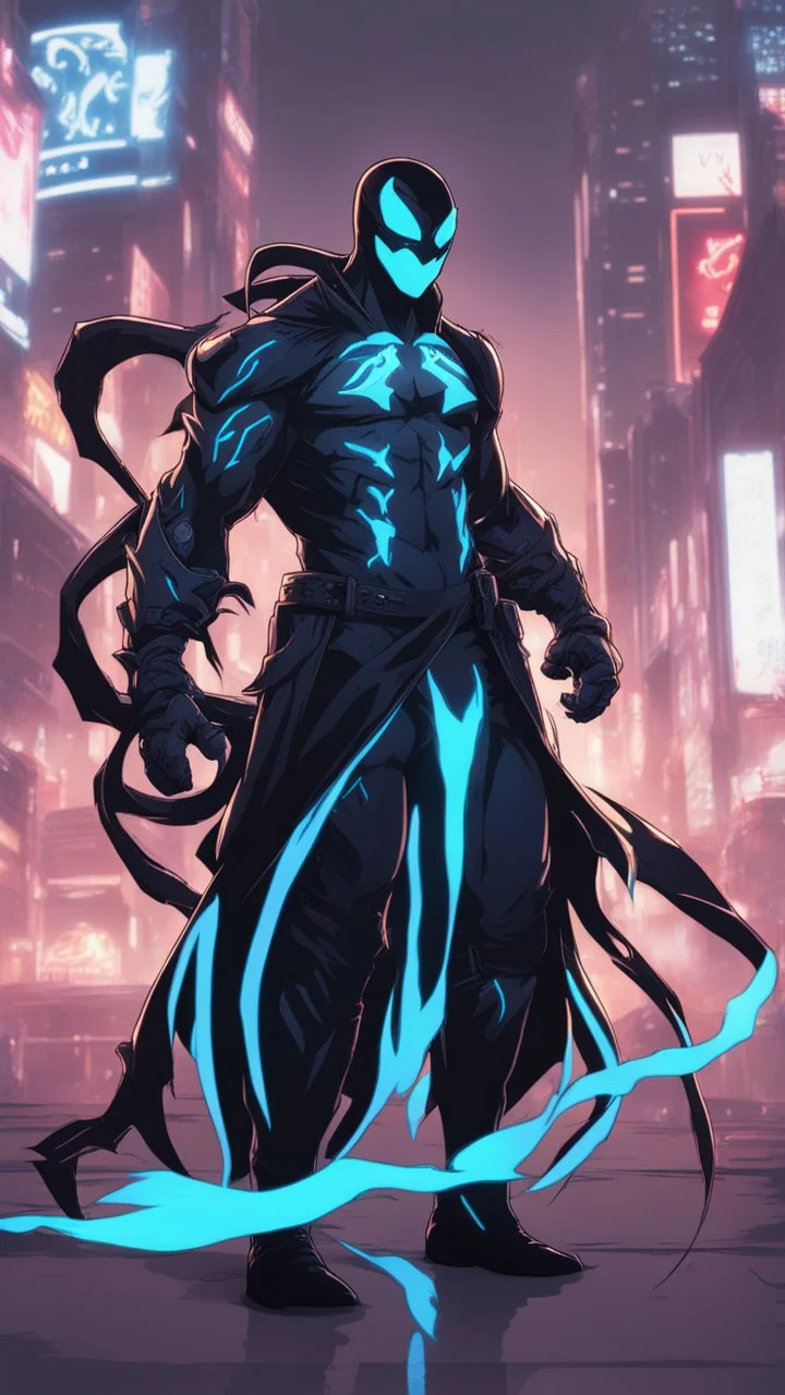 Mix between venom symbiote and genji in solo leveling shadow style with neon glowing blue