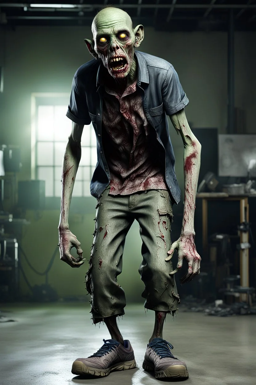 In a sleek, industrial studio setting, a photorealistic 12k ultra-high-definition rendering of a zombie model is captured in a mysterious pose. The zombie, adorned in a shirt made from elephant skin, pants are short ripped skinny pants, shoes are Crocs from elephant skin, thick soles with rollerblades,exudes a sinister aura under the studio's dark and mysterious lighting, creating an unsettling juxtaposition of the undead and the avant-garde."