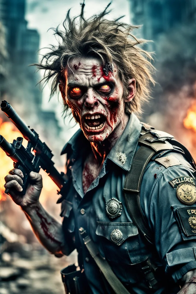 close-up ultra detailed and real looking image, 12k ultra high definition, sexy and cool looking zombie with human features, wild hair, he is a policeman, wearing a police uniform with bullet holes, epic action shot view of him storming towards camera with bazooka in hand, explosive and chaotic background, epic good looking zombie