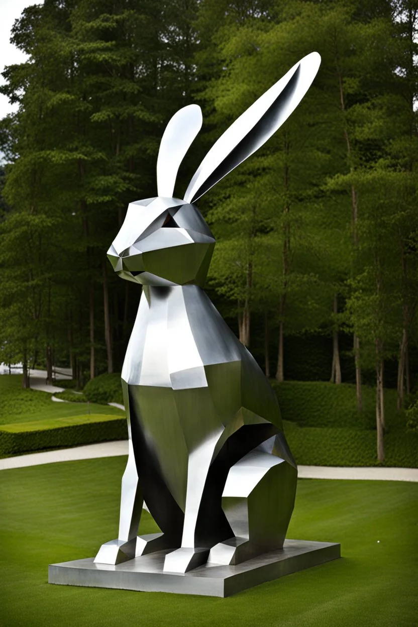 Giant metal rabbit sculpture. Photograph.