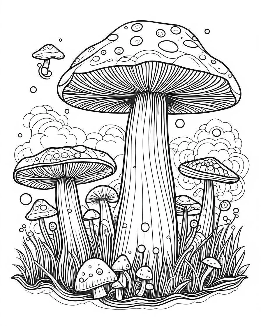 mushroom world minimalistic landscape. line art, background, vector, svg, coloring book page style, black outline on white background