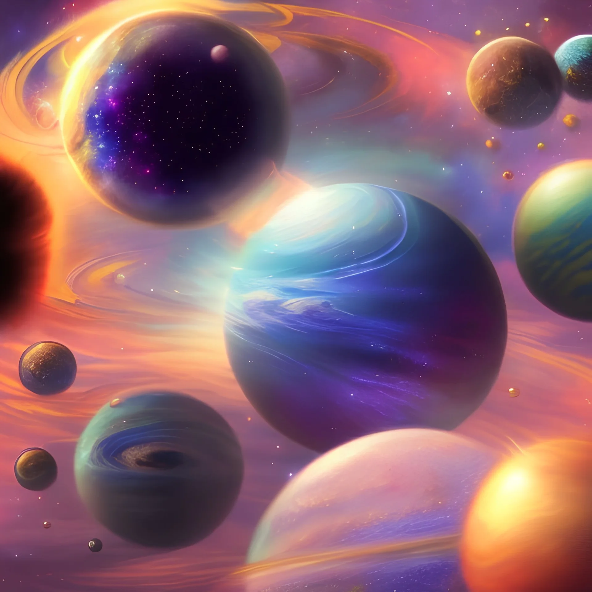 galaxy, nirvana, fantasy world,gas planets,with clouds,a couple of planets that are in the sky, abstract 3 d artwork, ufotable art style, dreamy and detailed,the planets are formed from clouds,the sky has stars, the planets are colored with red black purple violet,like a aurora borealis,no sun in picture