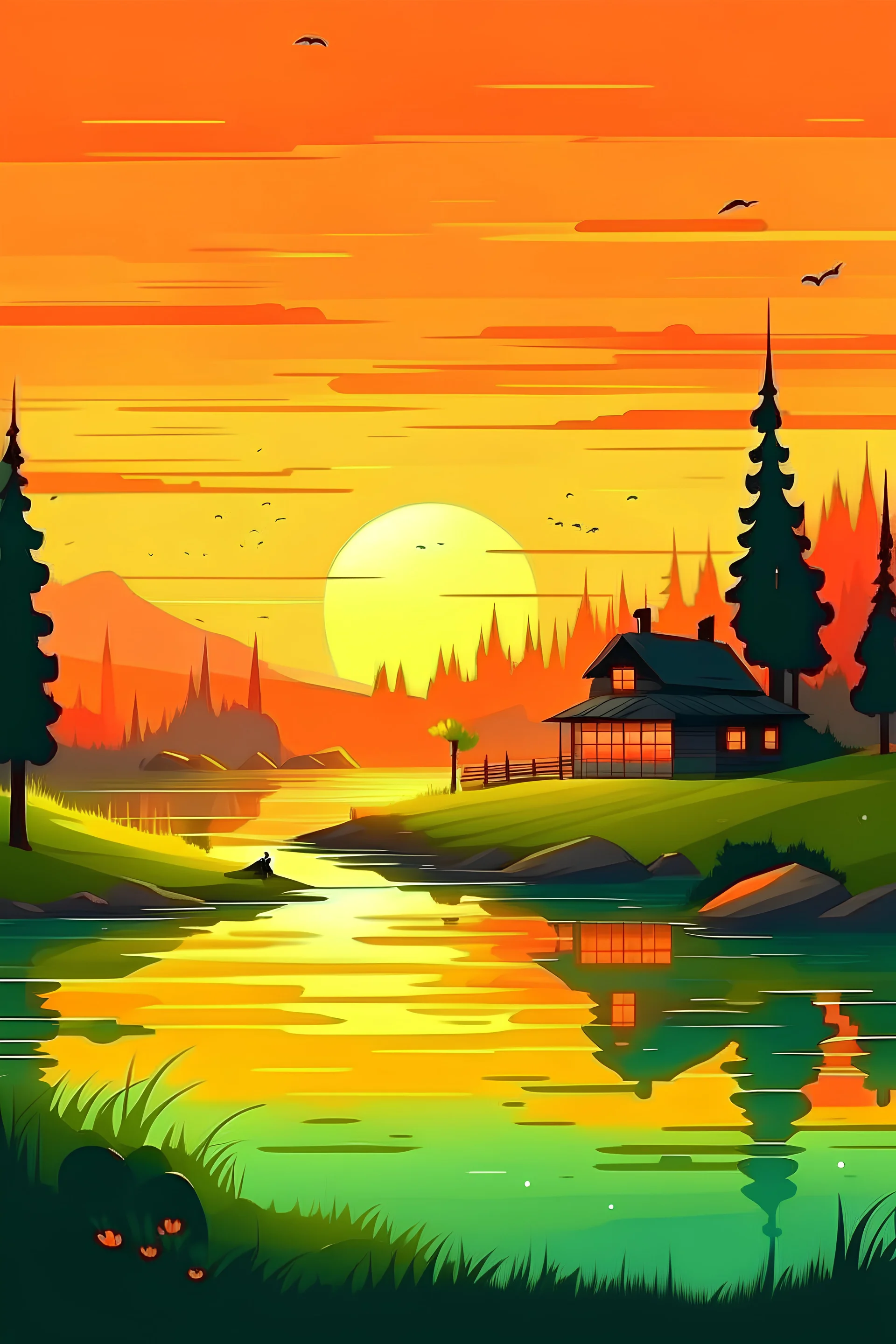 landscape, nature, calm, relax , village, vector, sunset,