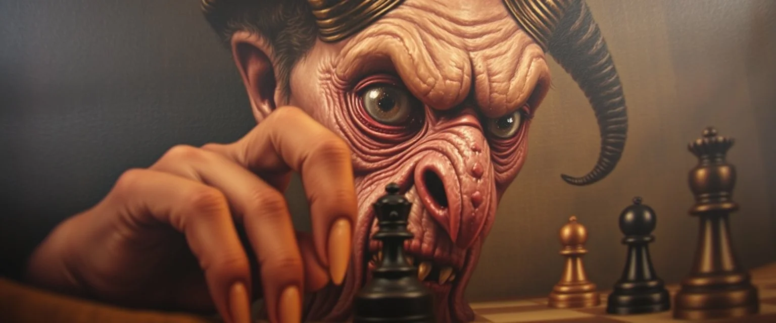 pin hole cam, master oil painting by Rembrandt, realistic rendering one eyed media chess demon a sense of depth