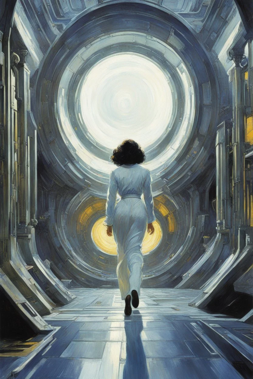 [Kupka, science] Driven by an unexplained urge, Scientist Dorothy followed her instincts, venturing outside the secure sections of the starship USS Enterprise. The sleek corridors and gleaming infrastructure gave way to unused maintenance trenches and Jefferies tubes. While expertise and caution were required to navigate the antiquated infrastructure, a sense of removal from duty calls beckoned her deeper. This network stretched further than any crew member had documented, a vast contrast to the