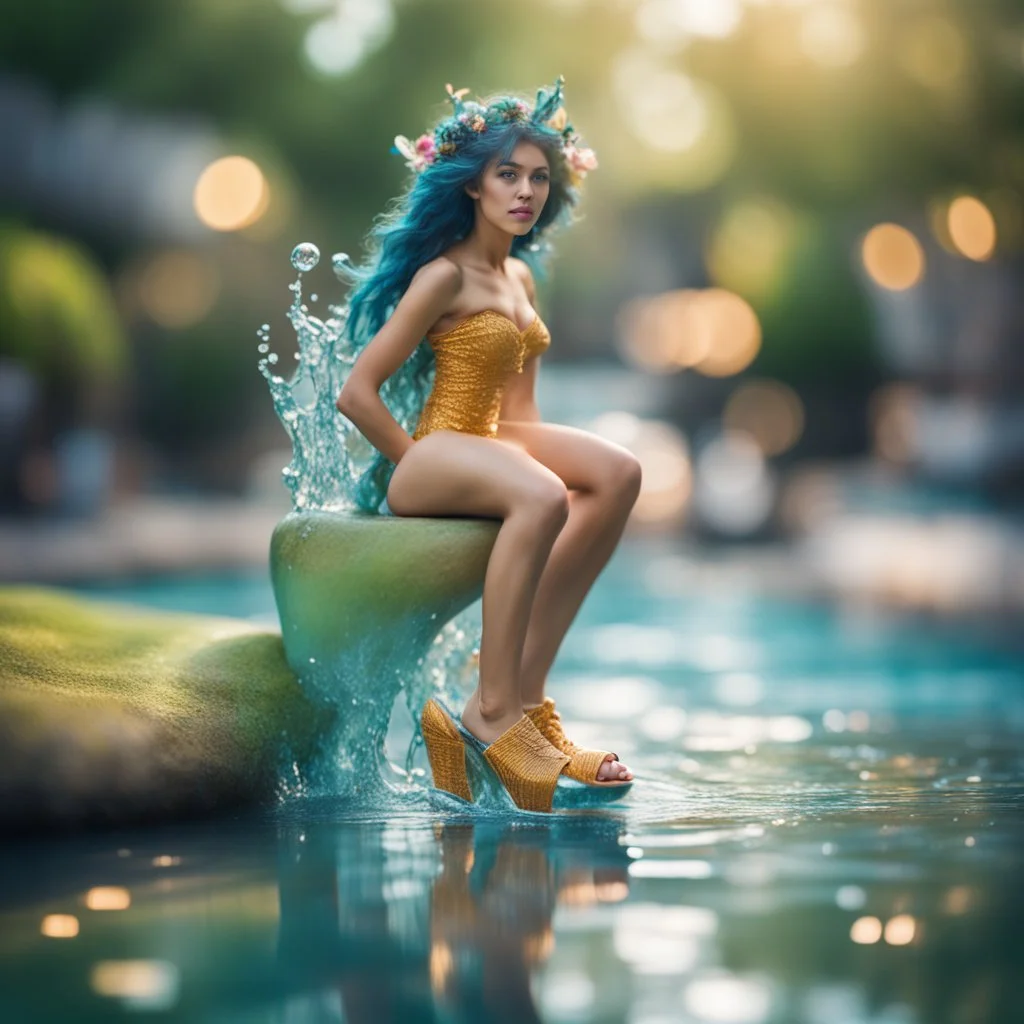 water nymph wearing spectacular shoes in a slide ,bokeh like f/0.8, tilt-shift lens 8k,*-