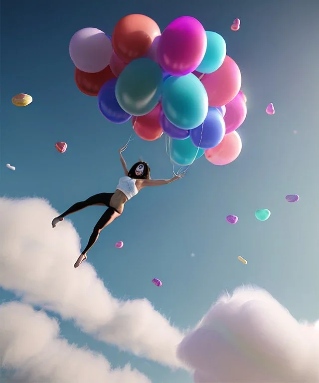 Ultra realistic speed clouds sky scene, wide angle view, sweet women falling down, feather inflatable color clothing, free jumping flying, many trinkets, hair monster, many jelly beans, balls, color smoke, smile, happy, circus style, extreme, wind, clouds sea, 20,000 feet altitude, stratosphere, soft color, highly detailed, unreal engine 5, ray tracing, RTX, lumen lighting, ultra detail, volumetric lighting, 3d, finely drawn, high definition, high resolution.