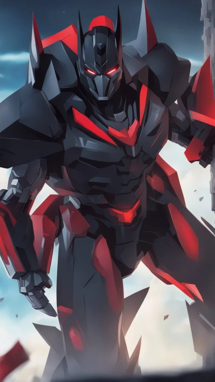 A close picture to Mix between transformers and batman in solo leveling shadow art style with red details detailsis in fantasy world