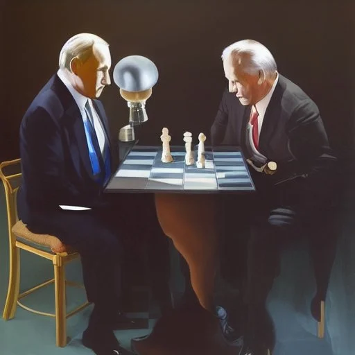 Putin, President Xi Of China And Joe Biden Play Chess between lights and shadow With A Pigeon,And Atomic Bomb Mushroom Cloud,Complex Surgical Instruments Intermixed With A Newborn Boy,Minimalism,Painting By Adrian Ghenie,Rene Magritte,Pablo Picasso,Michelangelo,Salvador Dali,Lucian Freud