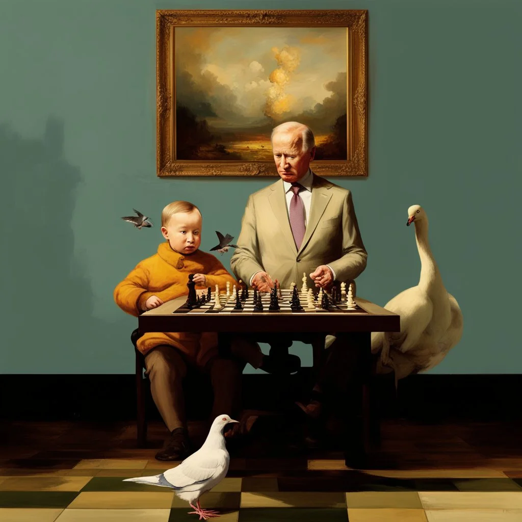 Putin, President Xi Of China And Joe Biden Play Chess With A Pigeon,Ufo And Atomic Bomb Mushroom Cloud,Complex Surgical Instruments Intermixed With A Newborn Boy,Minimalism,Painting By Adrian Ghenie,Rene Magritte,Pablo Picasso,Michelangelo,Salvador Dali,Lucian Freud