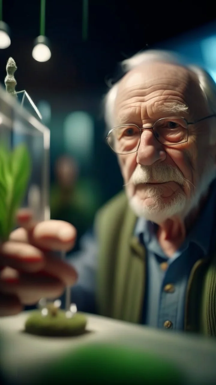 portrait of confused old man in glass nursery studying his own fingers, bokeh like f/0.8, tilt-shift lens 8k, high detail, smooth render, down-light, unreal engine, prize winning