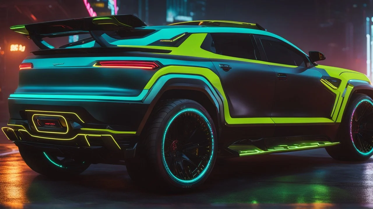 bravado gauntlet hellfire ultimate tuning Mansory Cyberpunk 2077 neon Style Rear View, Super Detailed, desktop wallpaper, 4K