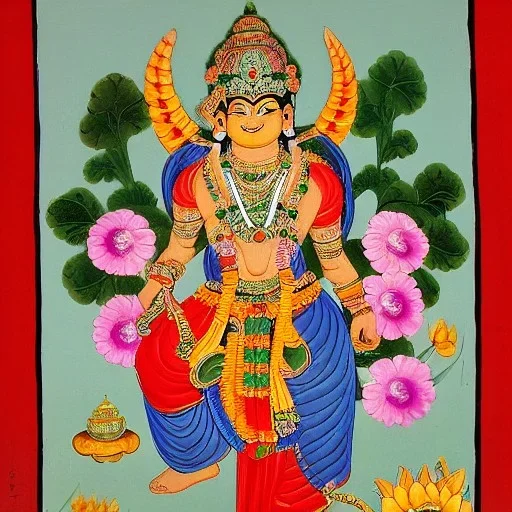 indian god of flowers with fine jewelry in tibetian painting style