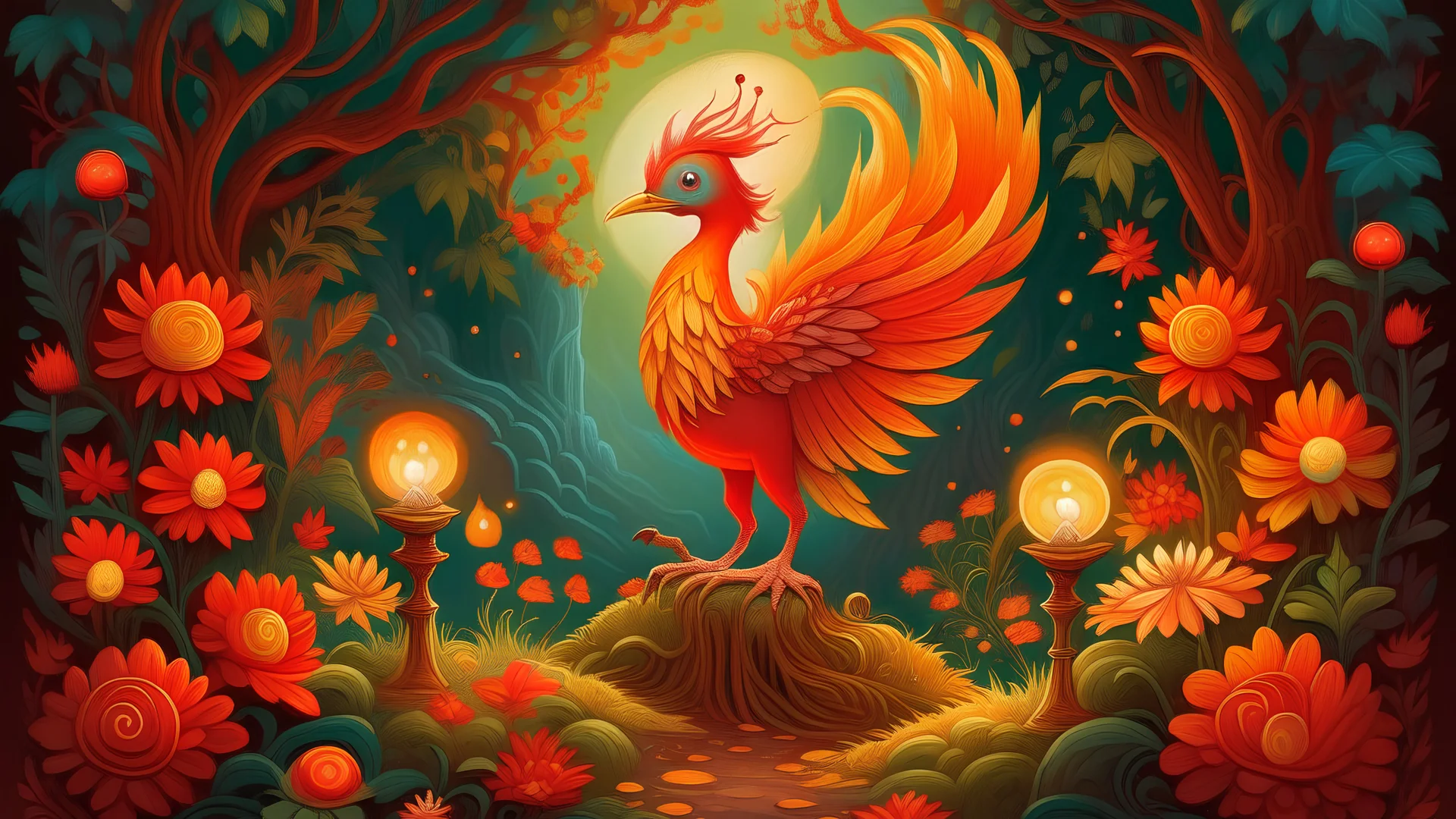 Slavic mythology fantasy computer illustration for bedtime story: enchanting garden with lush greenery and beautiful stone winding paths, with small tiny lanterns in the trees. Depict only one creature the Firebird. The body of the Firebird is adorned with feathers of vibrant red, orange, and gold, each one glowing with an otherworldly brilliance.