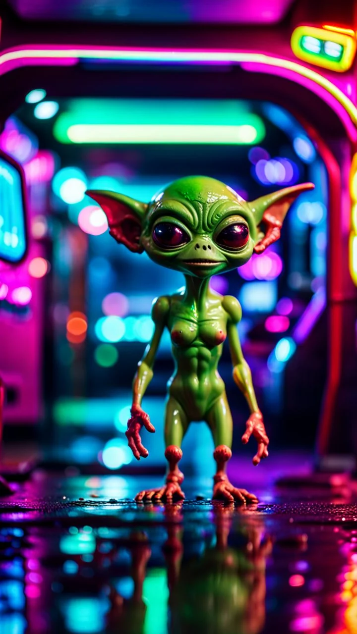 sexy stunt alien gremlin in telephone both caravan parked in dark neon lit reflective wet arcade hall tunnel,bokeh like f/0.8, tilt-shift lens 8k, high detail, smooth render, down-light, unreal engine, prize winning