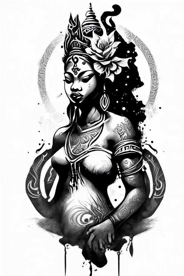 black and white illustration in a tattoo style of the oshun divinity for a stencil tattoo in a white background