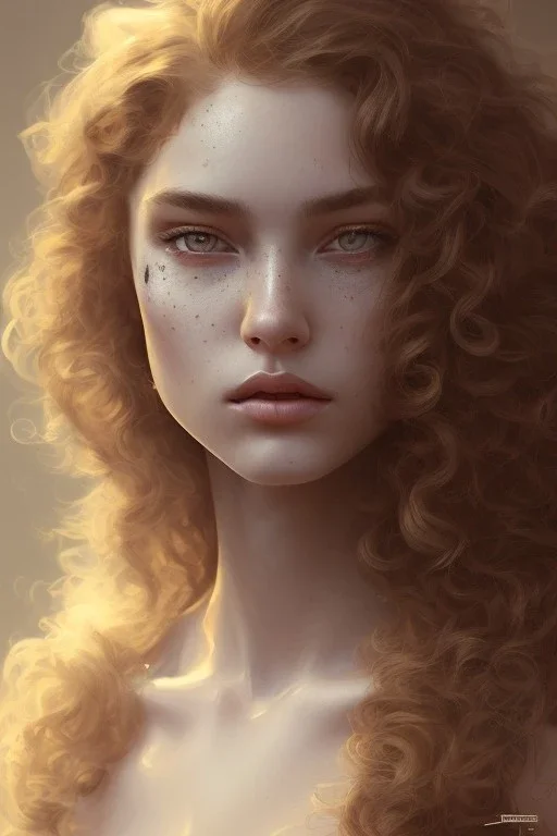 1970's porno model , cute, big droopy eyes, angelic face with minor blemishes, beautiful, long orange flowing hair, wavy hair, curly hair، black eyes, head and shoulders portrait, cinematic, misty atmosphere, 8k, resolution concept art portrait by Greg Rutkowski, Artgerm, WLOP, Alphonse Mucha dynamic lighting hyperdetailed intricately detailed, bokeh, Stunning 8k ektar film scan