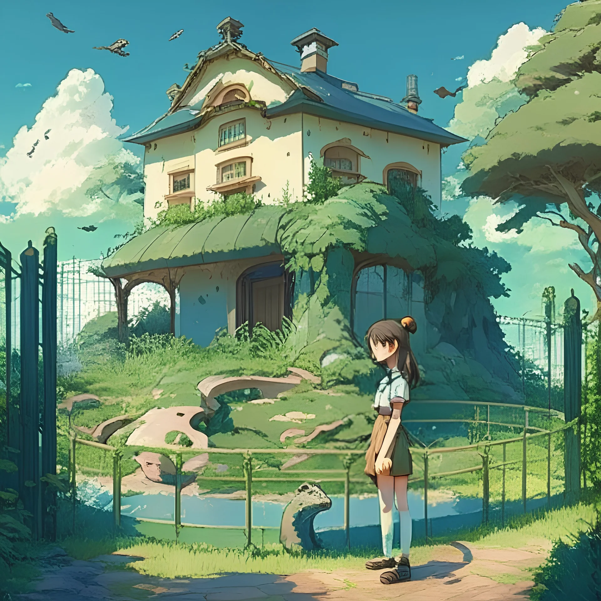 A studio ghibli modern apertment big house with garden, fence, water well, snake, girl wearing uniform, bear, landscape