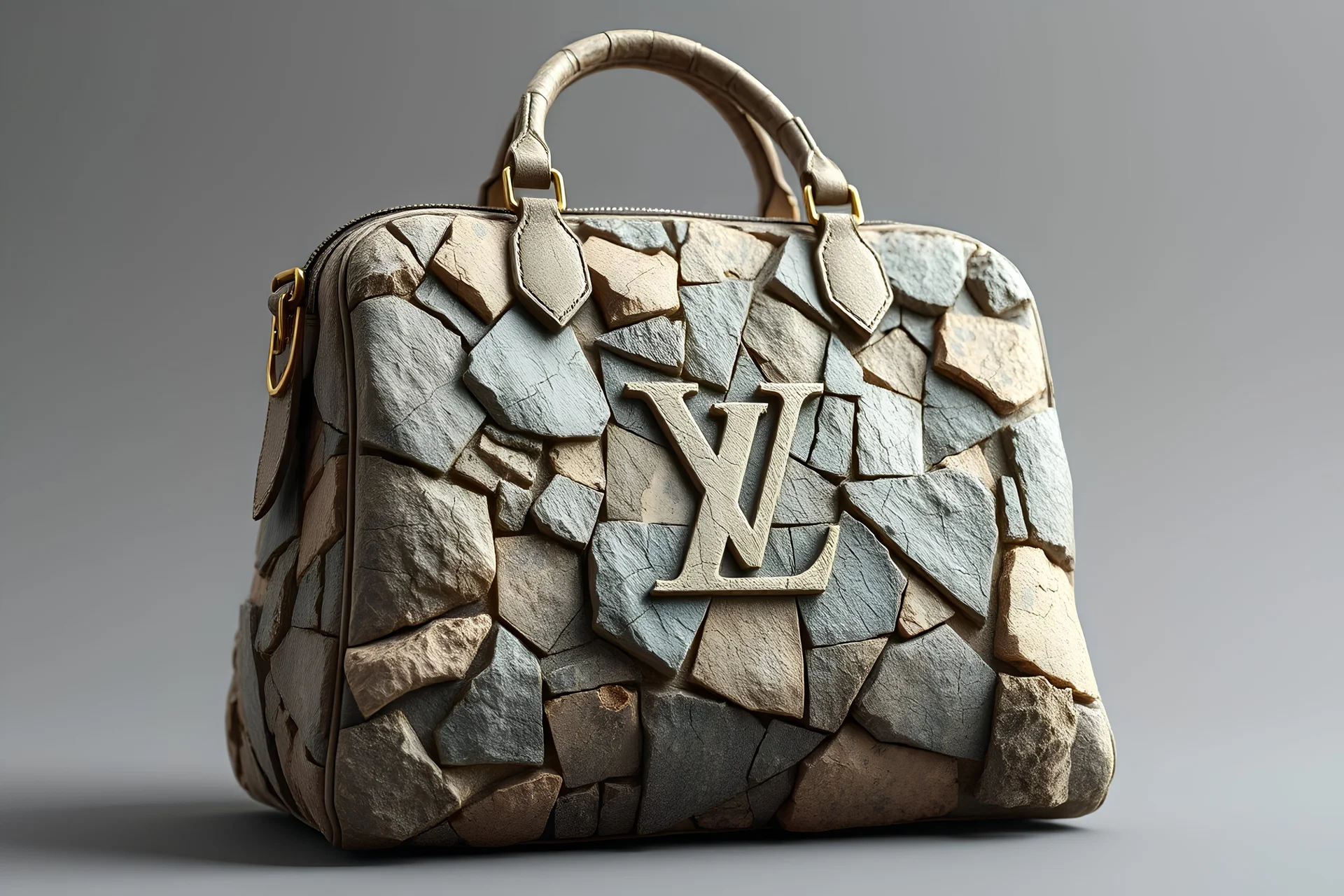 "Create a hyper-realistic image of a Louis Vuitton handbag with an exterior crafted entirely from jagged stone and rock fragments. The body of the bag is made up of various rough-textured stones and sharp-edged rock pieces, carefully assembled to form the iconic Louis Vuitton shape. Each stone is distinct, with natural cracks, crevices, and color variations, creating a rugged and organic appearance. The iconic Louis Vuitton monogram is subtly integrated into the stone surface, carved into the ro