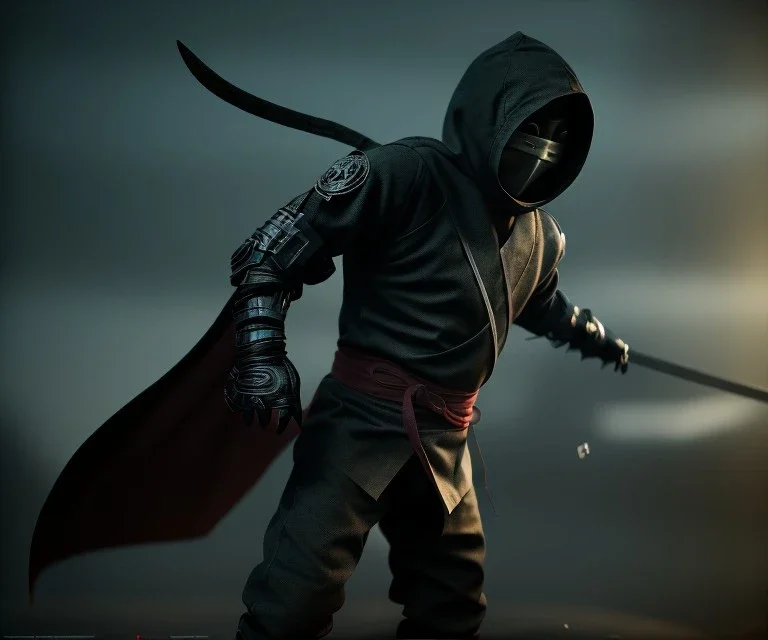 Ninja Knight, hood and mask, black custom, fights a monster, cinematic