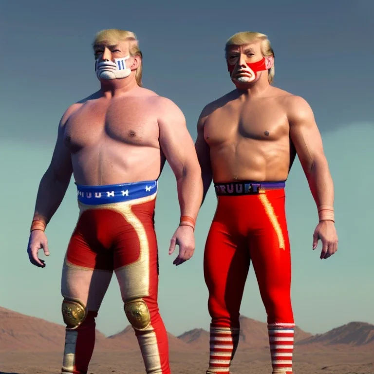 Realistic image of Donald trump wrestler, Mexican wrestling style, Mexican wrestling mask for eyes, red and blue breeches, glow us flag dress, suspenders, retro style, 80s, vibrant color, highly detailed, sky background, concept art, unreal engine 5, god rays, ray tracing, RTX, lumen lighting, ultra detail, volumetric lighting, 3d, finely drawn, high definition, high resolution.