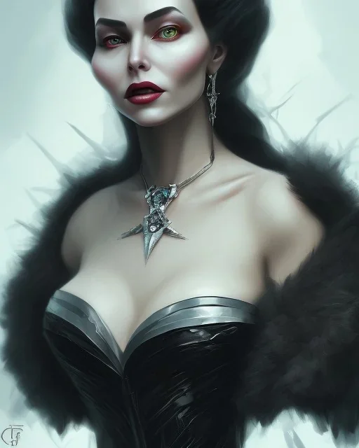 old evil queen in black leather gown, femme fatale, volouptous, busty, cleavage, angry, emperious, 8k resolution concept art portrait by Greg Rutkowski,