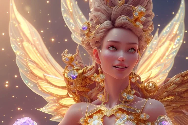 very beautiful crystal and gold goddess in a galactic ambiance, nice smiling, transparent petals, delicate colors, full of details, smooth, bright sunshine，soft light atmosphere, light effect，vaporwave colorful, concept art, smooth, extremely sharp detail, finely tuned detail, ultra high definition, 8 k, unreal engine 5, ultra sharp focus