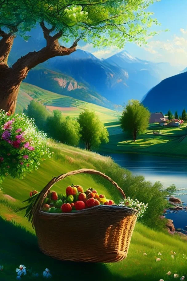 countryside, morning, sun, mountains, green, flowers, clear sky, river, apple tree, basket, sky, grass