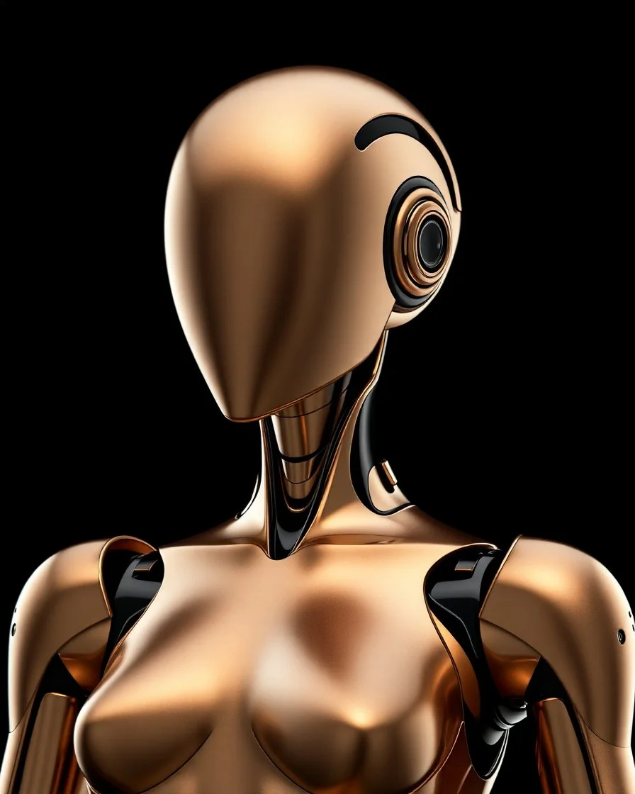 Luxury faceless robot woman, hourglass skinny figure, standing tall in full height. Fully three-dimensional with a sleek, futuristic, and minimalistic design. Metallic bronze surface with subtle reflections, smooth and polished, exuding elegance and power. No facial features, maintaining a mysterious and sophisticated aesthetic. Dramatic lighting enhances the metallic sheen, set against a completely black background.