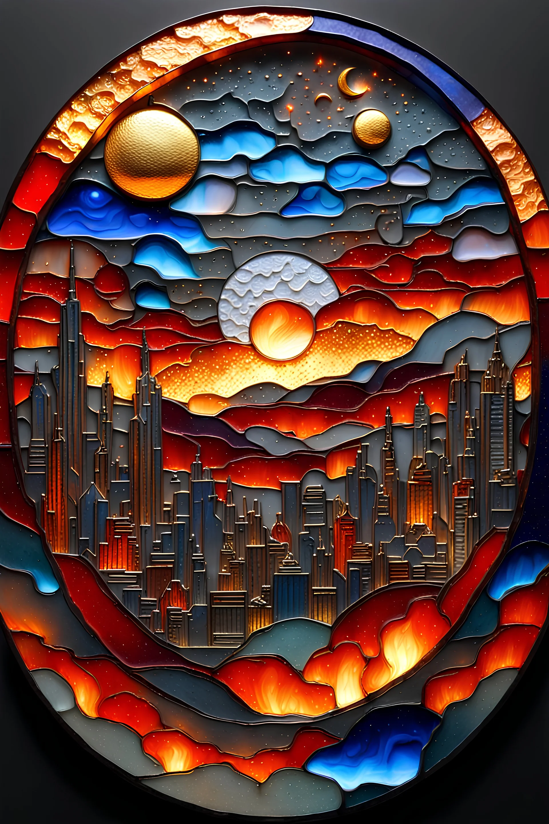 round 3D embossed textured ethereal image, a cityscape on the distant horizon, in molten lava; made of stained glass, agate with gold foil highlights, coals. red, orange, yellow, blue, silver, grey, black; 3D, fire, flames, smoke, nebula sky, small crescent moon, starry night, glowing embers, gold smoke, sparks, realistic, sharp lines, extreme detail