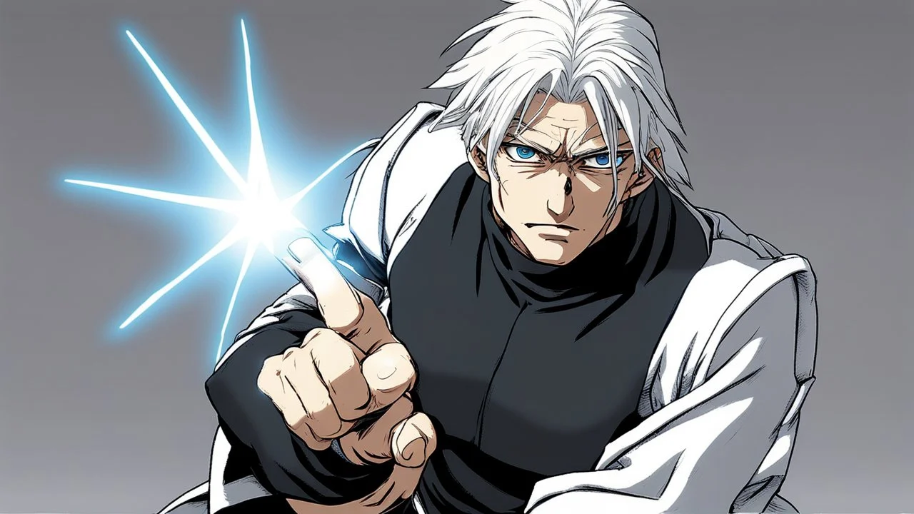 Satoru Gojo is a young tough guy white hair blue eyes black turtleneck without arms white loose pants in a defensive pose