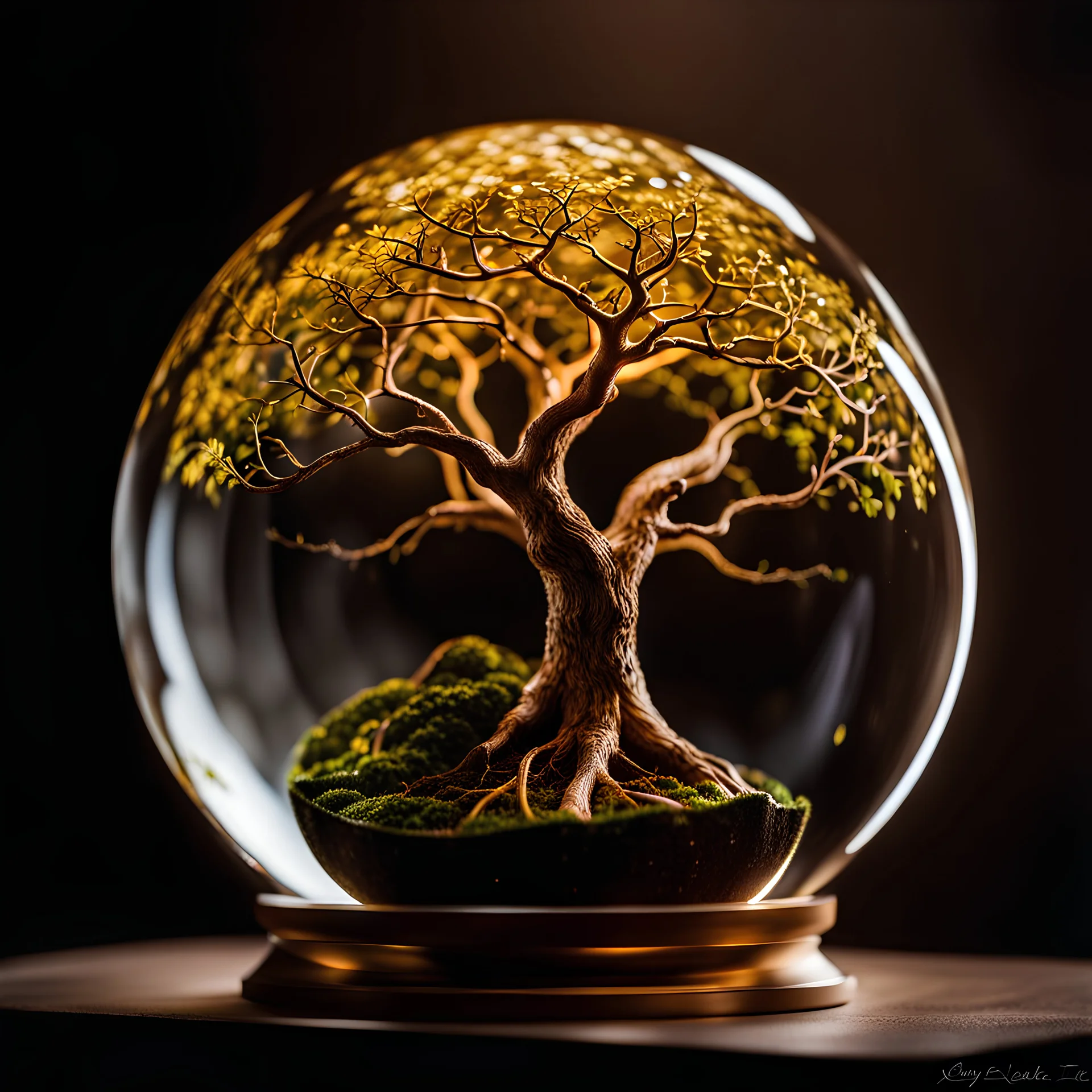 a tree of life inside of a glass-sphere, the tree has decayed from lack of nutrients, goldish light inside the glass-sphere, gold glass-sphere, intricate detailes, micro gold aura, Cinematic lighting, Volumetric lighting, Epic composition, Photorealism, Bokeh blur, Very high detail, Sony Alpha α7, ISO1900, Character design, Unreal Engine, Octane render, HDR, Subsurface scattering