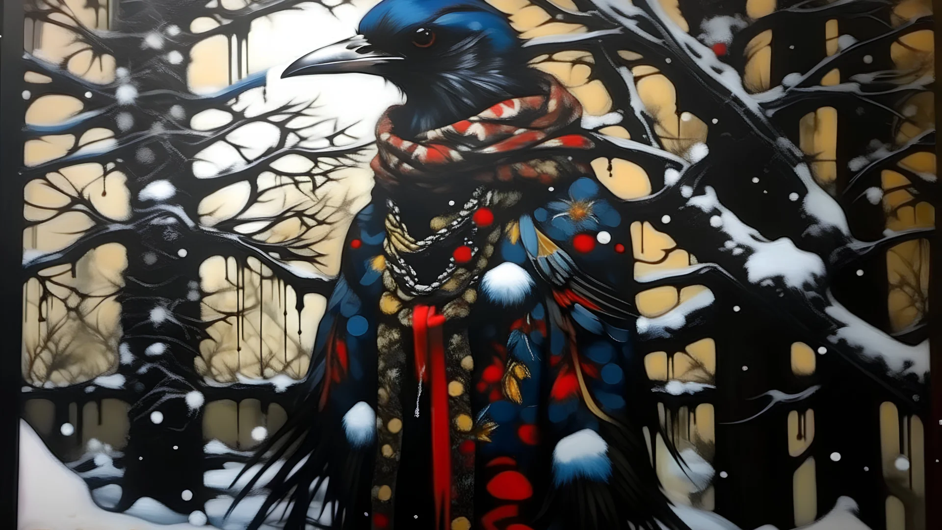 A painting by Kunisada and Matisse of a human-like crow adorned in a punk leather jacket within a snowy Christmas atmosphere.