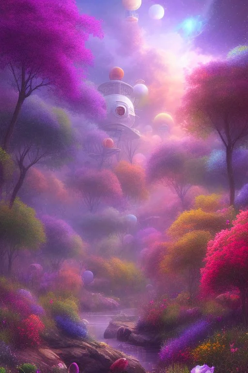 digital illustration, a world full of life divine thrill of biological tranquil sky, flowers, bright color splashes, high detailed 8 k,ufo rainbow