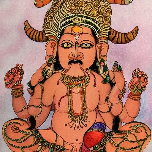 indian god painting with octopus body AND cow head with detailed jewelry and 4 eyes