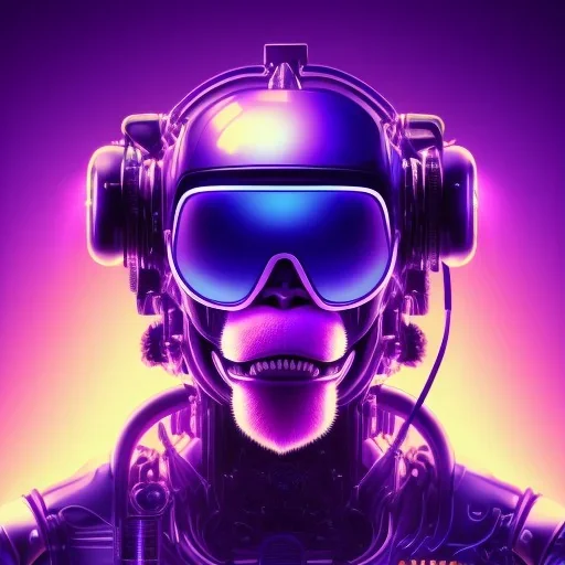 A beautiful portrait of a cyborg monkey purple neon color scheme, high key lighting, volumetric light high details psychedelic background