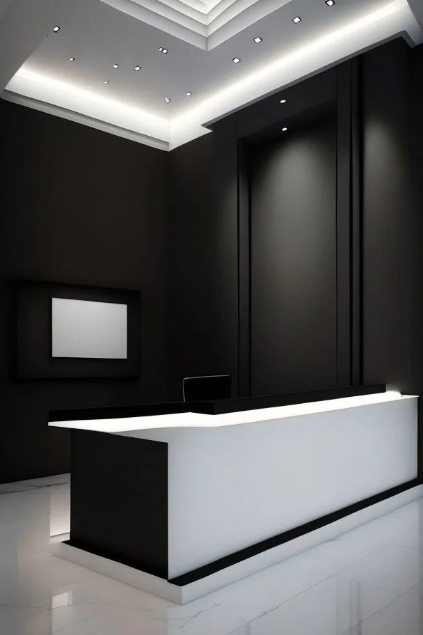 A reception desk with black walls, a white floor, and hidden or rich lighting, and it is suitable for a museum