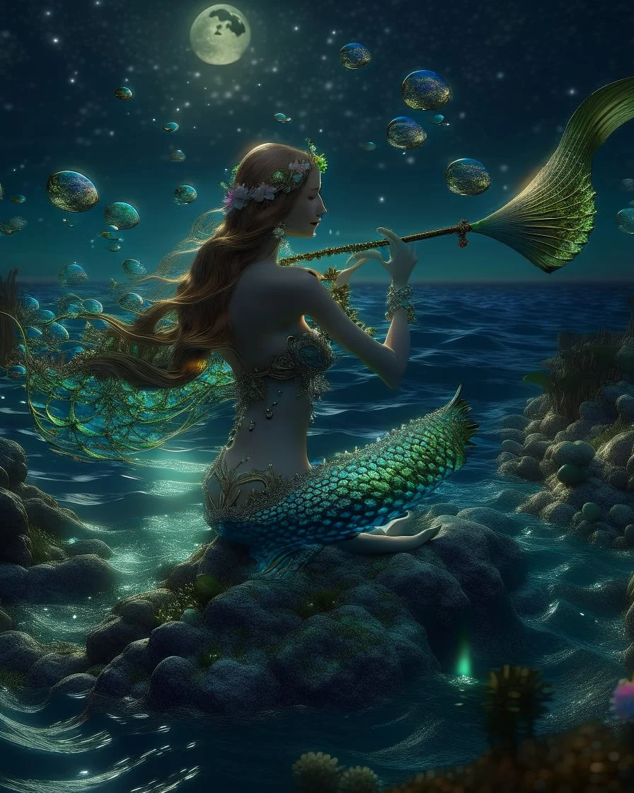 mermaid serenading a full moon, in the style of mystical sea ballads, art nouveau, silvery luminescence, romantic and enchanting, moonlit ocean escapes, captivating underwater melodies --ar 27:30 Modifiers: Nikon D850 digital painting Award winning photography 8k many rainbow bubbles very attractive beautiful dynamic lighting imperial colors fantastic view 4K 3D high definition crisp quality Unreal Engine colourful hdr Thomas Kinkade Alphonse Mucha