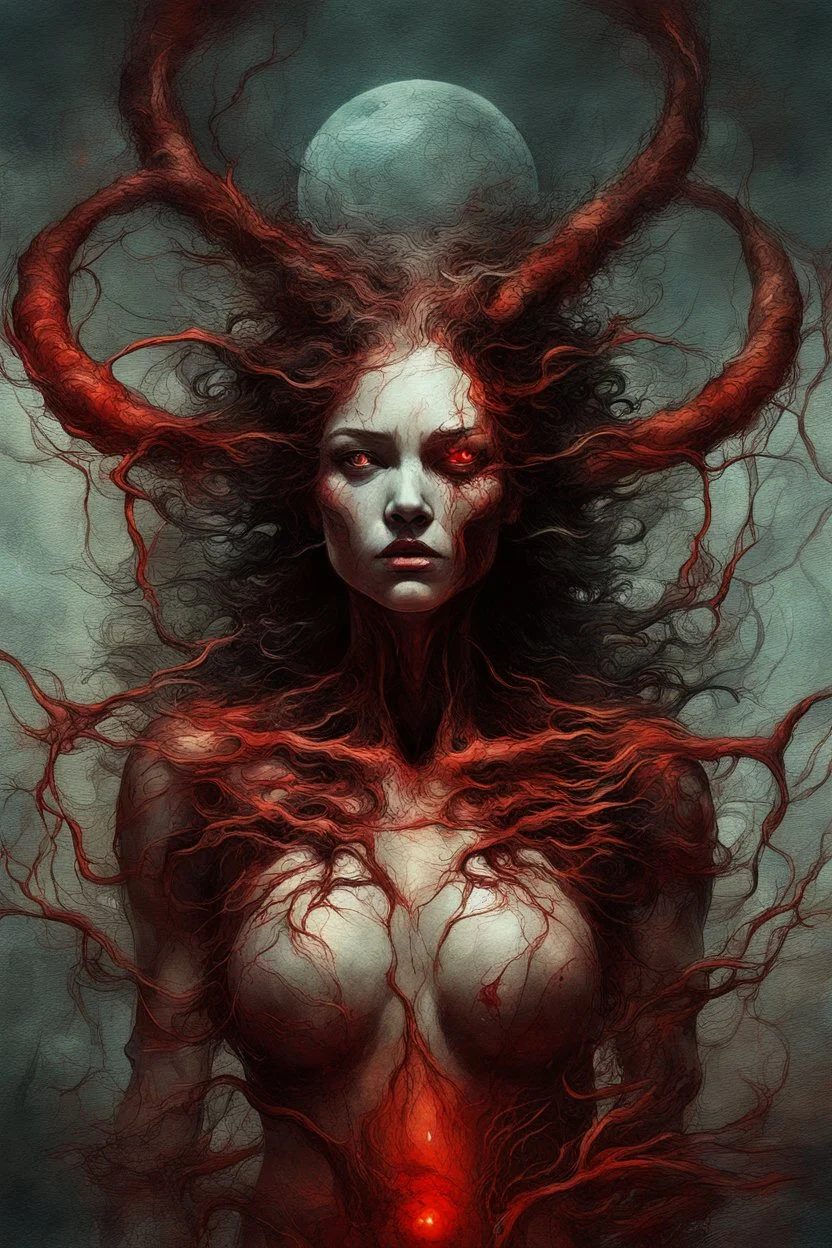 A dramatic digital painting portraying a figure under the Red Moon, veins pulsing, claws of temptation visible, soul in turmoil. In the style of Giger and Salvador Dali and Van Gogh, vivid colors, swirling brushstrokes, highly detailed, 8k resolution, surrealistic., by Ryohei Hase, Agnes Cecile, Raymond Swanland, Anne Bachelie