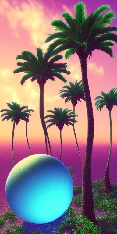 1980's aesthetic vaporwave palm trees with spheres ufo