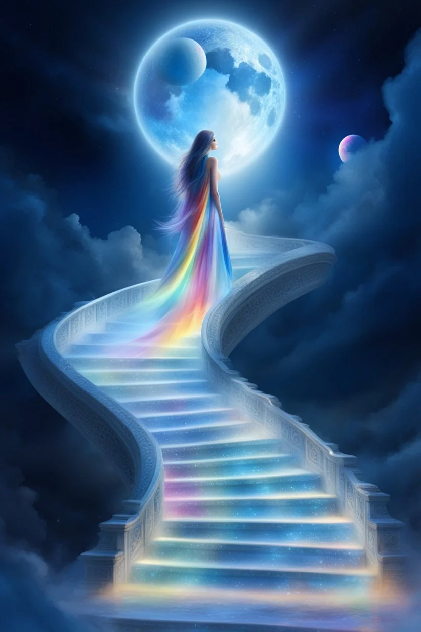 fantastic,Beautiful woman, stairway to heaven whit rainbow, ufos arc en ciel futuriste très beau