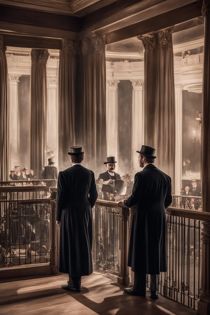 llustrate the presidential box on the balcony level, portraying Abraham Lincoln, his wife, and their guests as they enjoy the play. Highlight the vulnerability of Lincoln without proper security, setting the stage for the impending tragedy