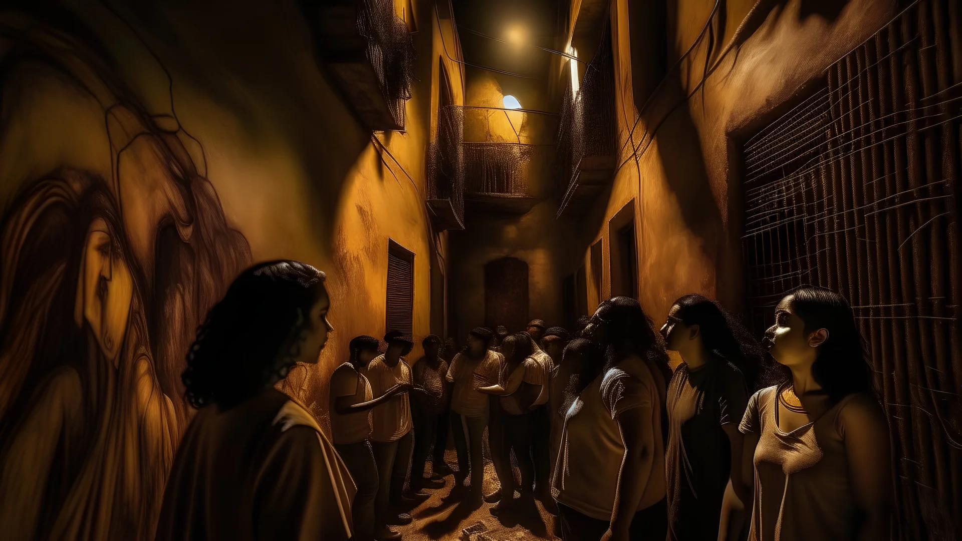 An urban alley at night, illuminated by street lamps, with a female Middle-Eastern artist painting a surreal mural of dreamlike figures on an old building, while a crowd of diverse onlookers gathers around, captivated by the scene., intense dark chestnut brown, burnt sienna and soft cream color, splitlight effect, profesional photography, hard shadows, high contrast