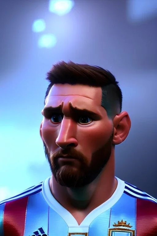 Realistic Messi Argentina soccer player Portrait, mid shot view, epic, god lights, concept art, art station, 3d, photo studio, blue clean background, unreal engine 5, ray tracing, RTX, lumen lighting, ultra detail, volumetric lighting.