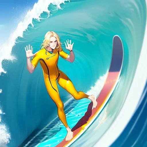 blonde hair anime boy surfing under a wave, make hands look realistic, standing up on a surfboard,wearing an orange wetsuit, make feet look realistic, standing on a surfboard, waves crashing all around him, make face look realistic, both feet on the surfbaord