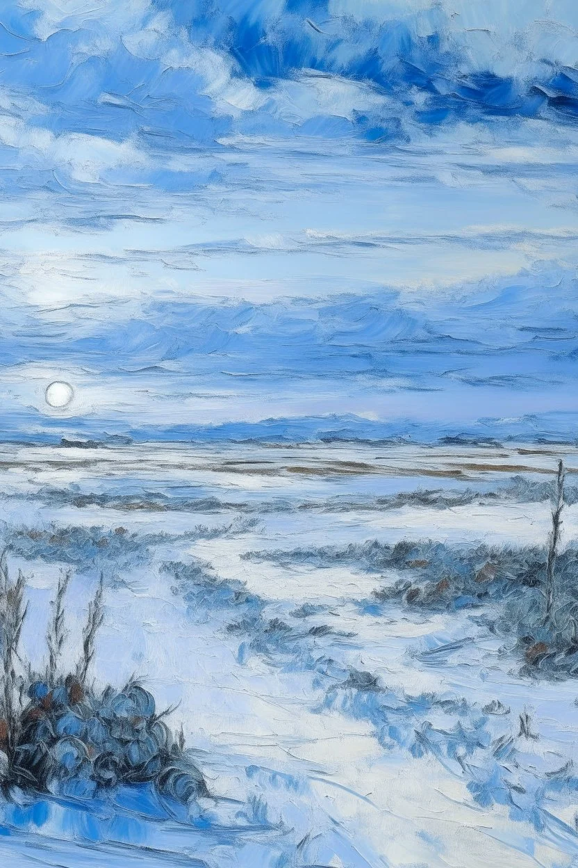 A sky blue tundra with very cold snow painted by Claude Monet